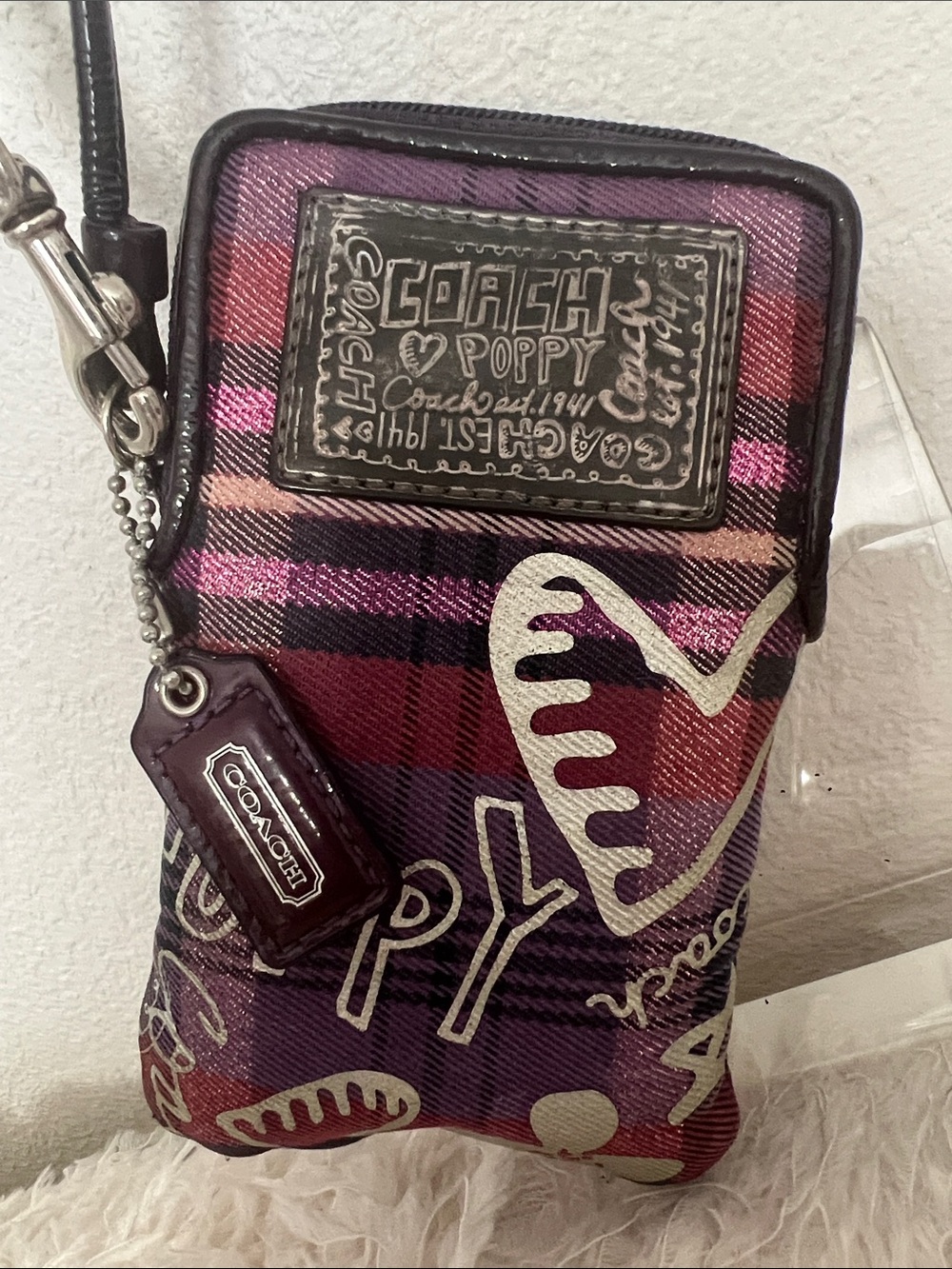 Coach Poppy Pink Purple Plaid Multi  Pouch with Signature Tag